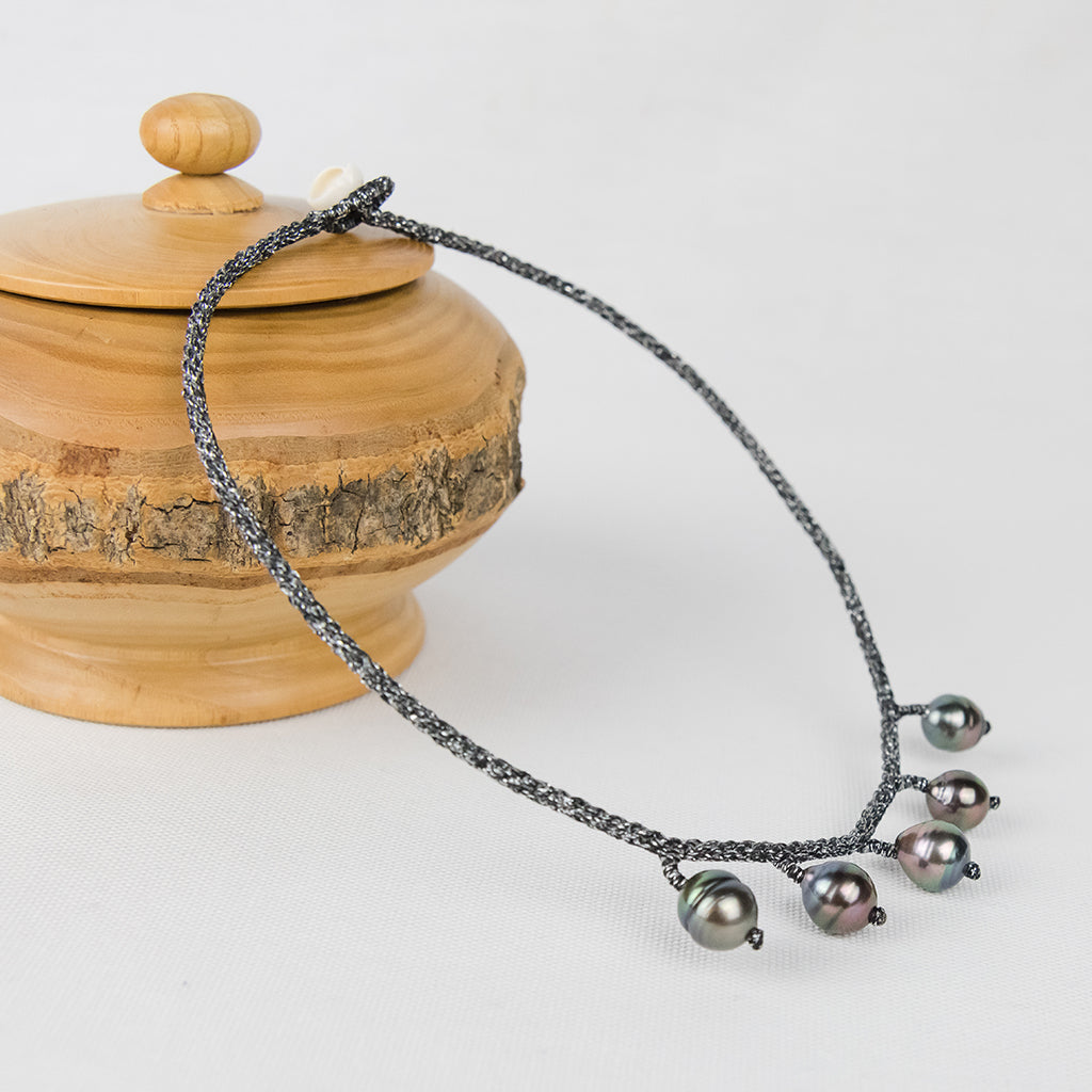 Silver Choker with Five Baroque Tahitian Pearls around the Neck