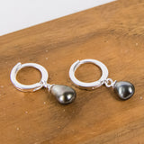 Silver Sterling Silver Round Hoops with 2 Tahitian Pearls
