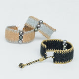 Silver, Beige and Black Wide Macrame Bracelet with 3 Tahitian Pearls